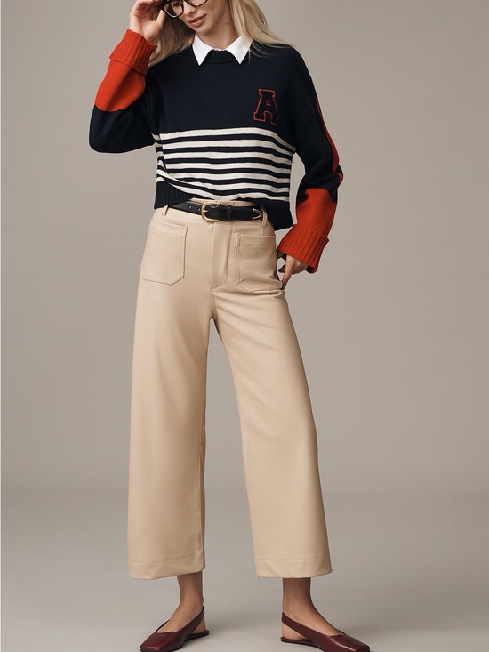 Anthropologie Pants - NWT Anthropologie Maeve Colette Beige Faux Leather Wide Leg Crop Pants 27